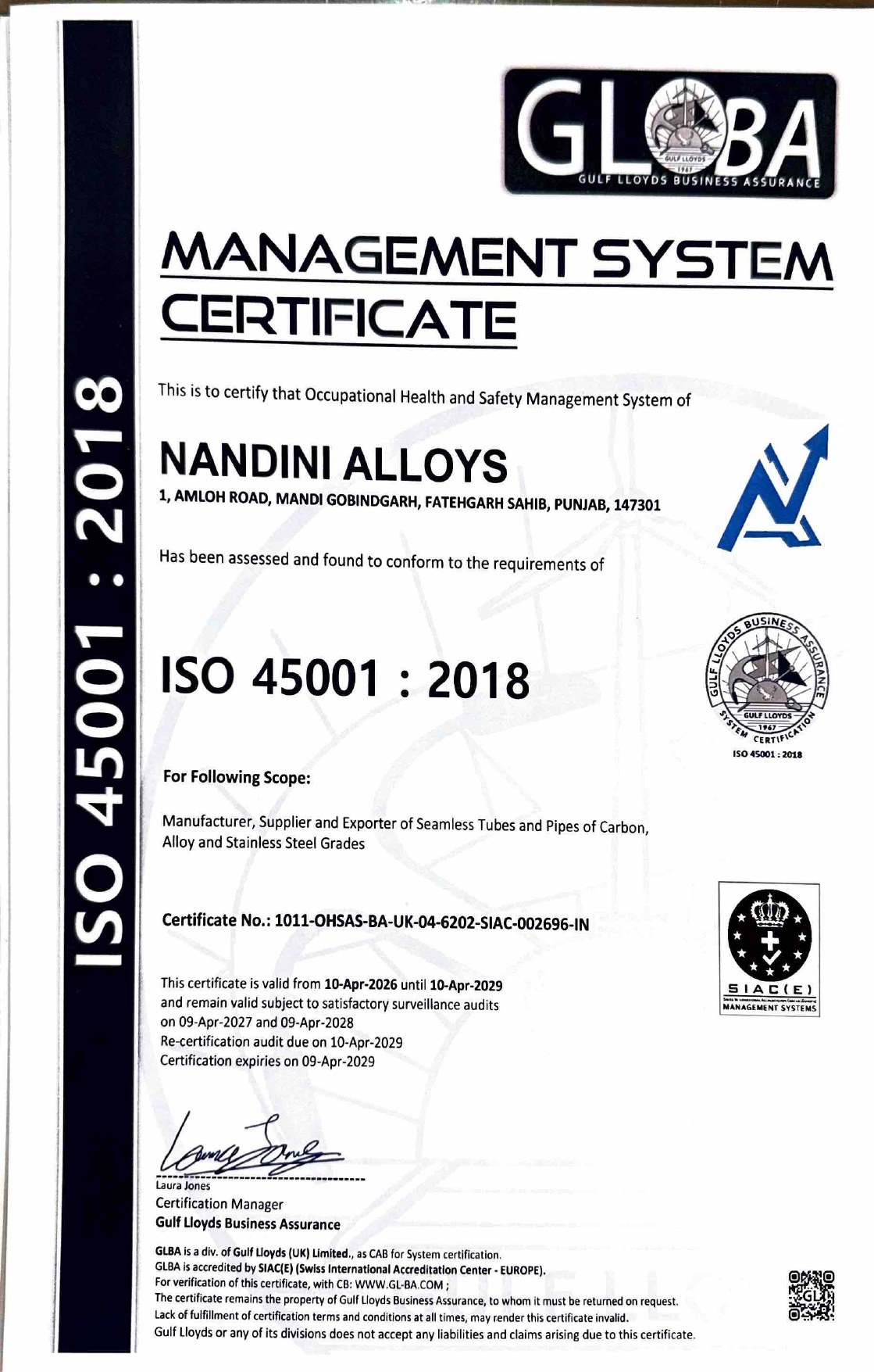 ISO 45001 certificate document preview