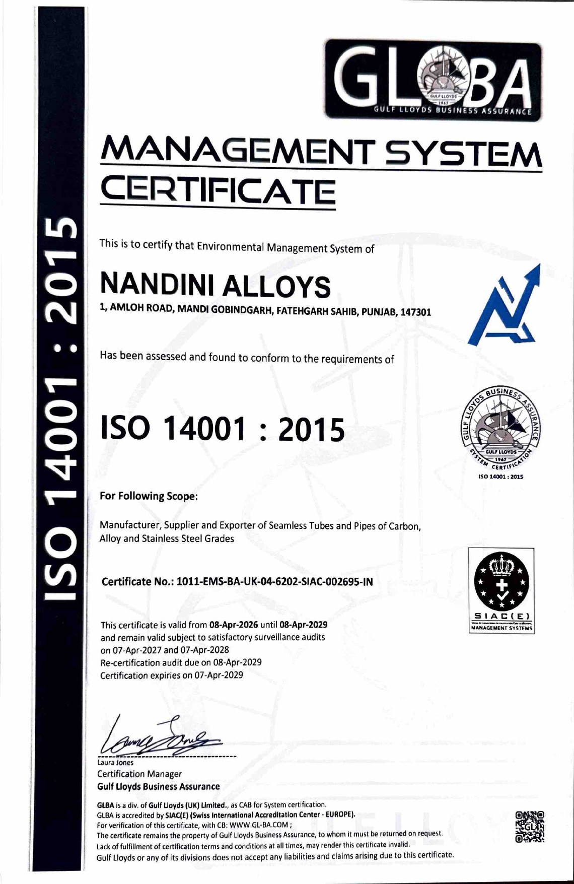 ISO 14001 certificate document preview