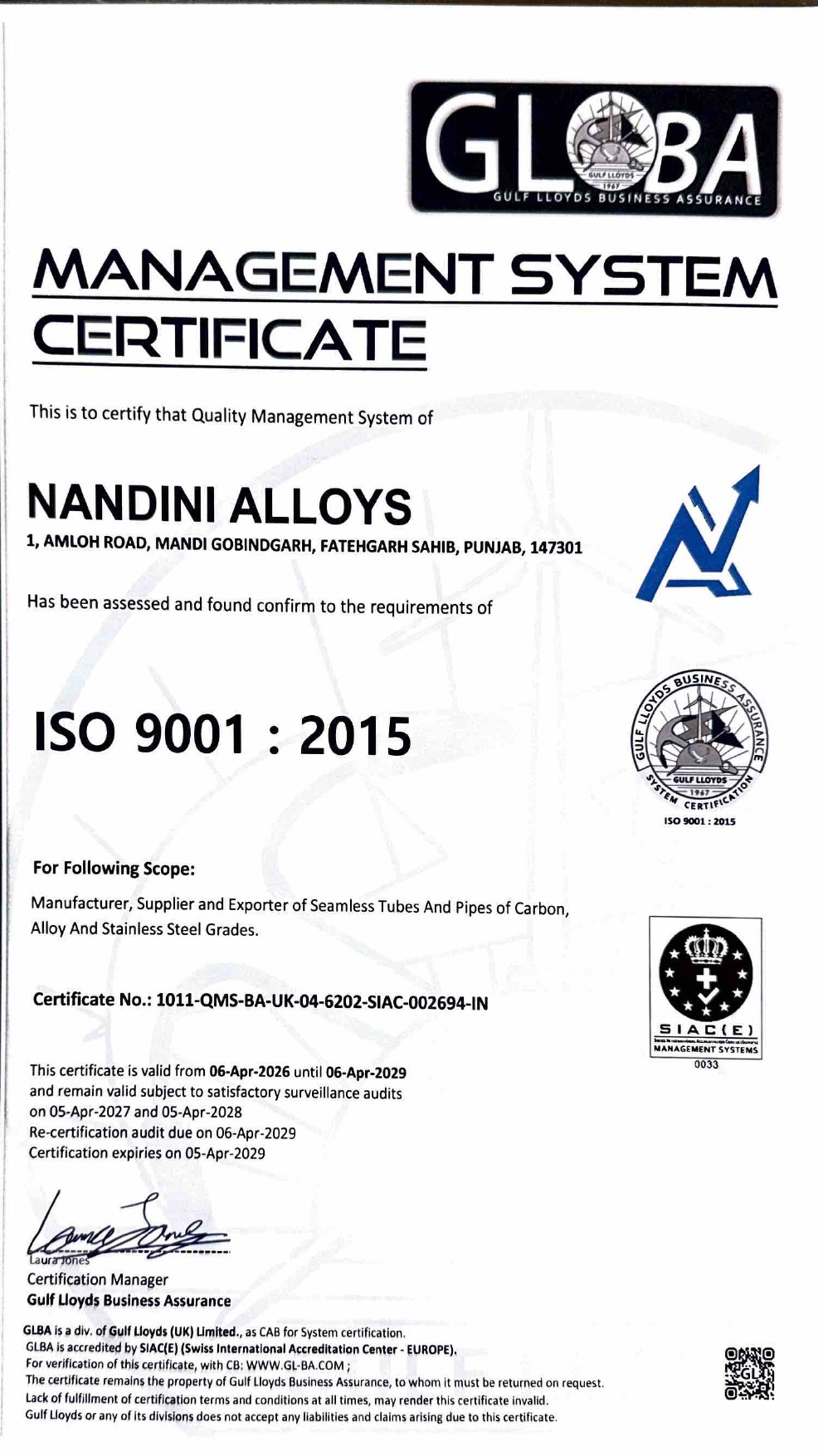 ISO 9001 certificate document preview
