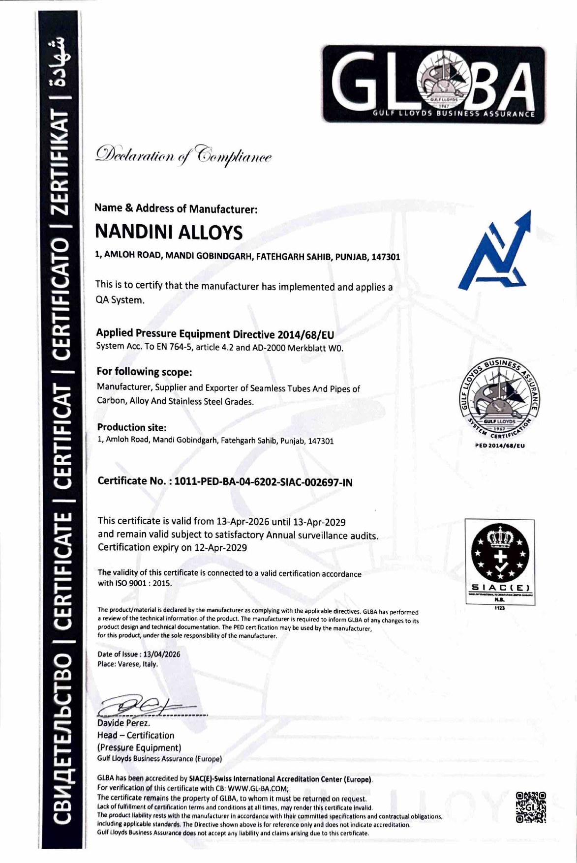 PED certificate document preview