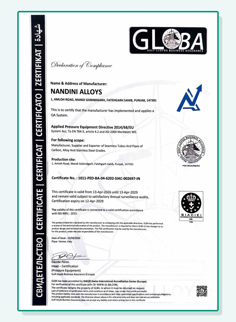 PED declaration of compliance certificate preview